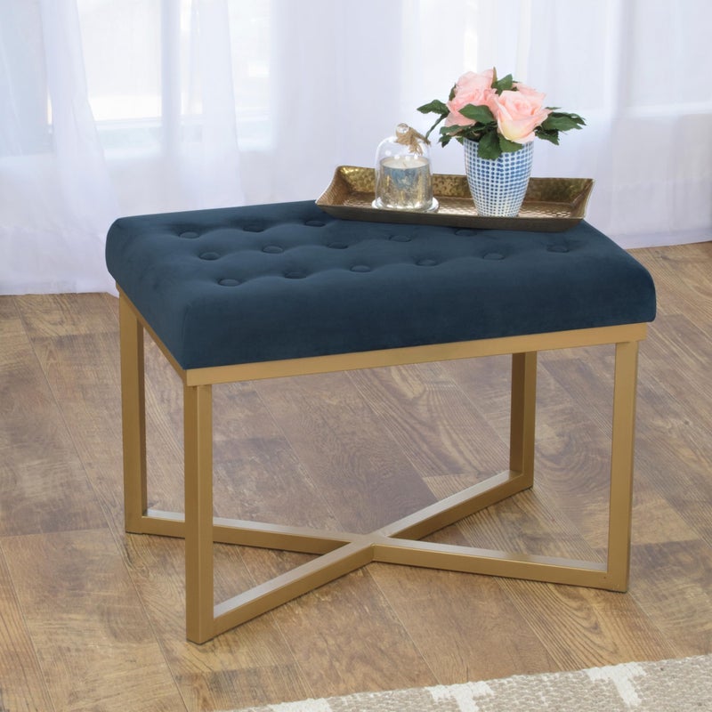 Homepop Home Decor | Upholstered Tufted Velvet Ottoman Bench | Ottoman Bench for Living Room & Bedroom, Blue, 24 x 16 x 17-1/2 inches high - Image 5